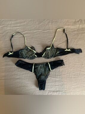 Elle Macpherson Floral Black Lace Bra & Thong with Pale Yellow Trim